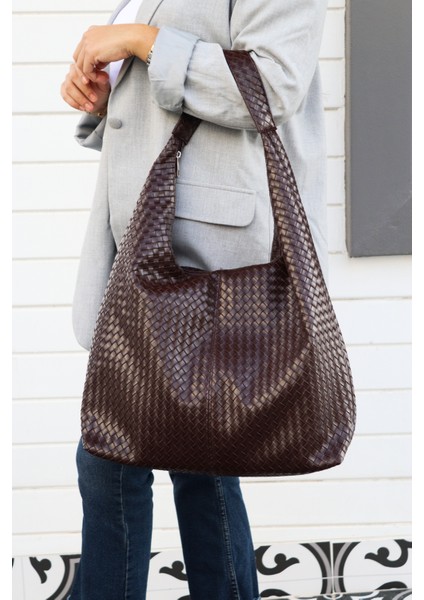 Hlin Kadın Büyük Boy Örgü Desenli Fermuarlı Shopper Omuz ve Kol Çantası