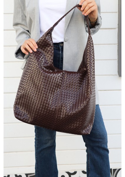 Hlin Kadın Büyük Boy Örgü Desenli Fermuarlı Shopper Omuz ve Kol Çantası fırsatları