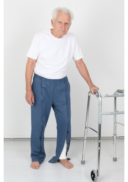 Adaptif Cırt Cırtlı Denim Mavi Yatan Hasta Bakım ve Tedavi Pantolonu