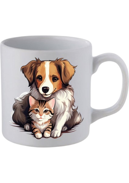 Kedi Köpek Sevgisi Baskılı Beyaz Kupa Bardak - Seramik Çay, Kahve Hediyelik Bardağı