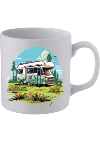 Doğada Karavan Baskılı Beyaz Kupa Bardak - Seramik Çay, Kahve Hediyelik Bardağı