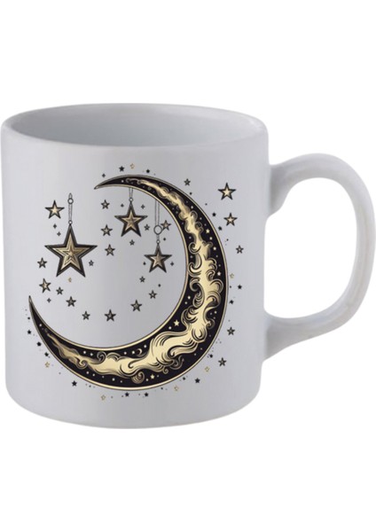 Sarı Ay ve Yıldız Baskılı Beyaz Kupa Bardak - Seramik Çay, Kahve Hediyelik Bardağı