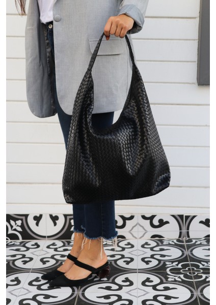 Hlin Kadın Büyük Boy Örgü Desenli Fermuarlı Shopper Omuz ve Kol Çantası