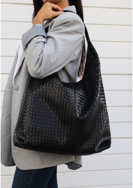 Hlin Kadın Büyük Boy Örgü Desenli Fermuarlı Shopper Omuz ve Kol Çantası modelleri