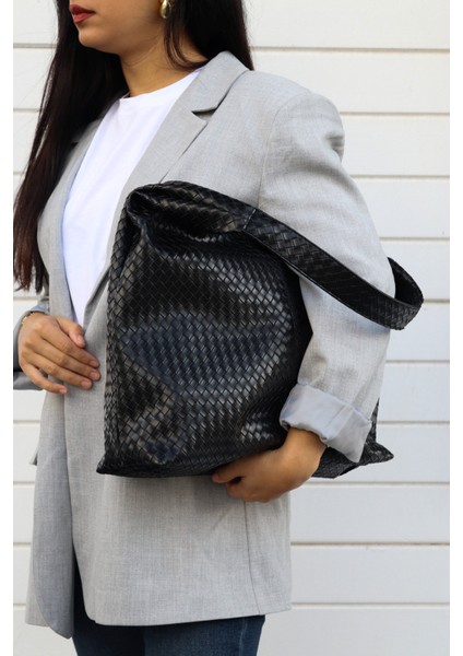 Hlin Kadın Büyük Boy Örgü Desenli Fermuarlı Shopper Omuz ve Kol Çantası fırsatları