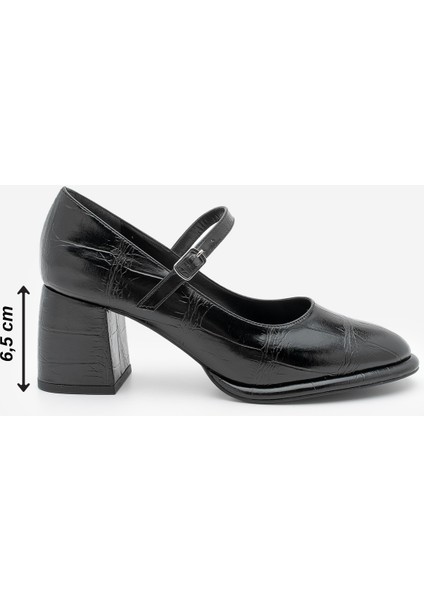 Kadın Loafer İnce Bantlı Kalın Topuklu Günlük Ayakkabı Vikas Siyah Croco