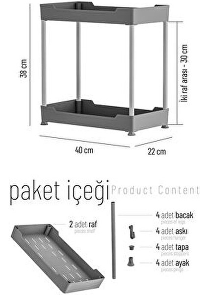 2 Katlı Mutfak Düzenleyici Plastik Raf 40x22 cm Modern Tasarım ile Geniş Depolama