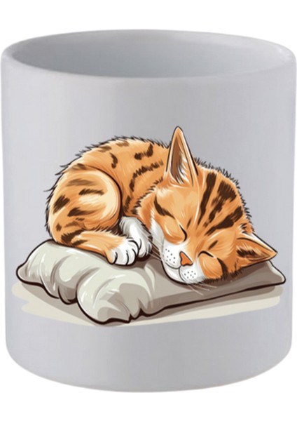 Uyuyan Kedi Baskılı Kulpsuz Kupa Bardak - Hediye Kahve Kupası, Su Bardağı