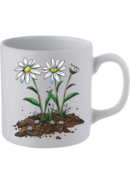 Topraktaki Papatya Baskılı Beyaz Kupa Bardak - Seramik Çay, Kahve Hediyelik Bardağı