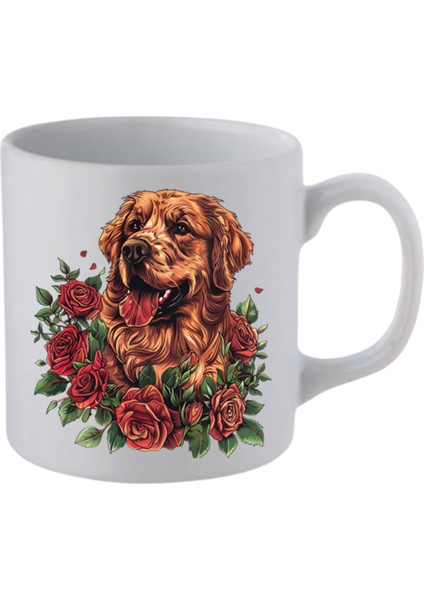 Güller Içinde Köpek Baskılı Beyaz Kupa Bardak - Seramik Çay, Kahve Hediyelik Bardağı