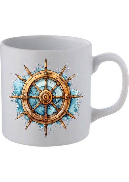 Gemi Dümeni Baskılı Beyaz Kupa Bardak - Seramik Çay, Kahve Hediyelik Bardağı