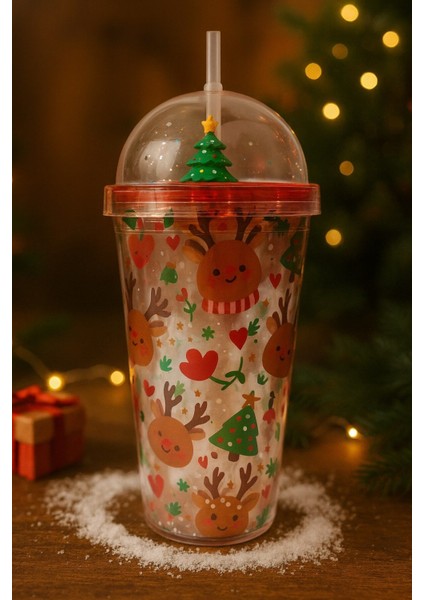 Süslemeli Renkli Pipetli Kupa bardak Sevimli Geyikli Kar tanesi Noel Ağacı Desenli SULUK 450ML 2768C fiyatları