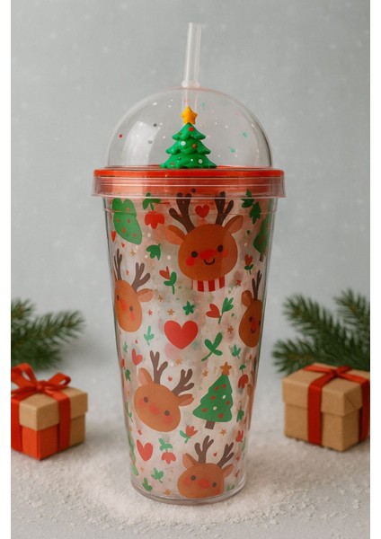 Süslemeli Renkli Pipetli Kupa bardak Sevimli Geyikli Kar tanesi Noel Ağacı Desenli SULUK 450ML 2768C modelleri