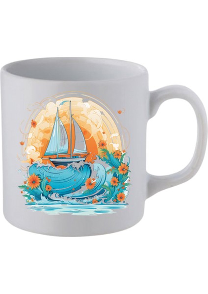 Denizde Sandal Baskılı Beyaz Kupa Bardak - Seramik Çay, Kahve Hediyelik Bardağı