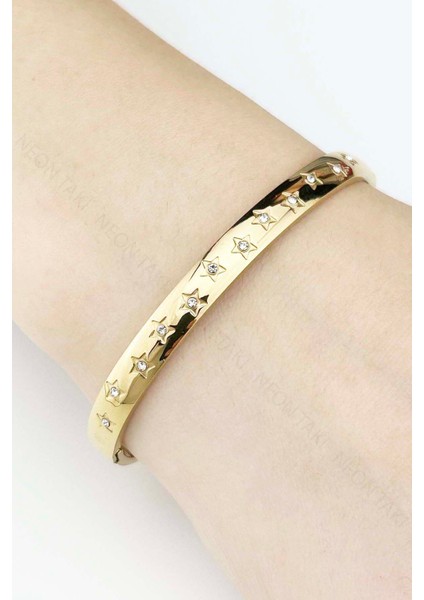 Kelepçe Bileklik, Zirkon Taşlı, Kararmayan Paslanmaz Çelik, Yıldız Detaylı, Altın Renk, Model178 fırsatları