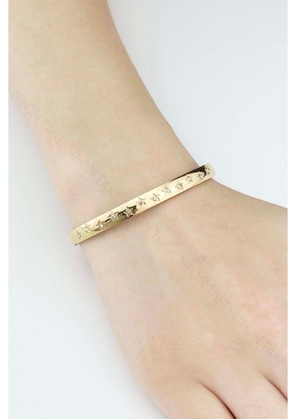 Kelepçe Bileklik, Zirkon Taşlı, Kararmayan Paslanmaz Çelik, Yıldız Detaylı, Altın Renk, Model178 indirimleri