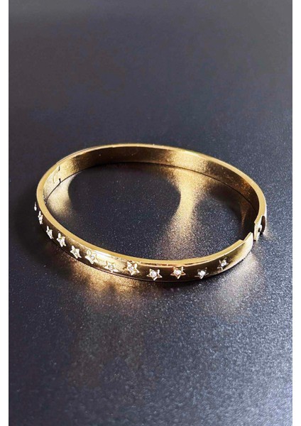 Kelepçe Bileklik, Zirkon Taşlı, Kararmayan Paslanmaz Çelik, Yıldız Detaylı, Altın Renk, Model178