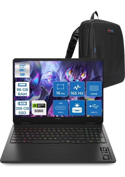 Omen W16-AM0017NT Intel Core 7 240H 96GB Ddr5 256GB SSD Freedos RTX5060 8gb Gddr7 16 Inc Wuxga (1920 x 1200) IPS 165HZ 3ms 400NITS 100% Srgb Gaming Laptop WBQ1Z0EAF50 + Zetta Çanta