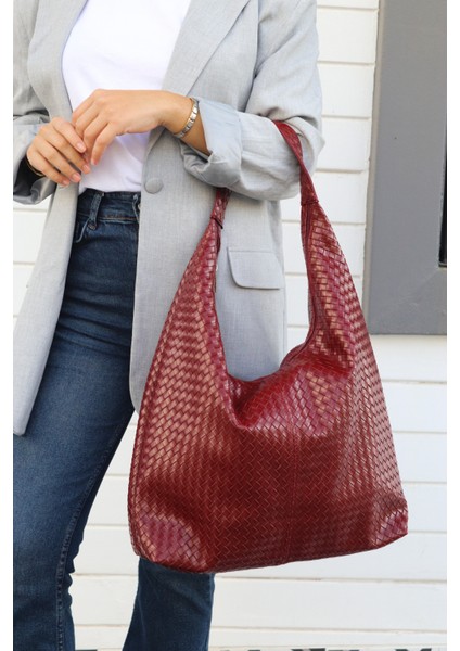 Hlin Kadın Büyük Boy Örgü Desenli Fermuarlı Shopper Omuz ve Kol Çantası