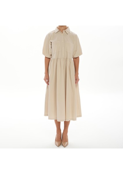 Bej Balon Kol Midi Şık Gömlek Elbise