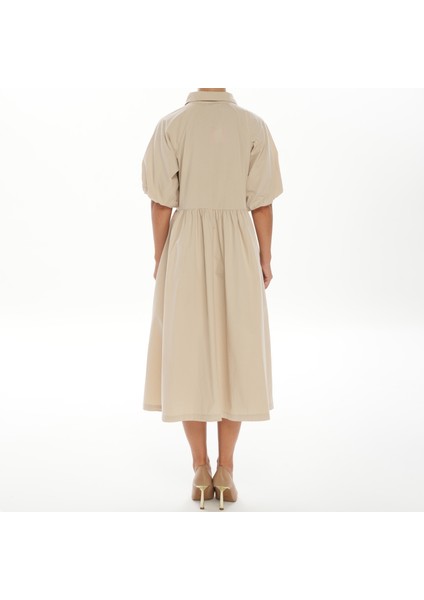 Bej Balon Kol Midi Şık Gömlek Elbise modelleri