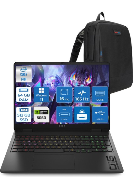 Omen W16-AM0017NT Intel Core 7 240H 64GB Ddr5 512GB SSD Windows 11 Pro RTX5060 8gb Gddr7 16 Inc Wuxga (1920 x 1200) IPS 165HZ 3ms 400NITS 100% Srgb Gaming Laptop WBQ1Z0EAP37 + Zetta Çanta