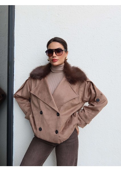 Kürk Yaka Bel Lastik Süet Ceket