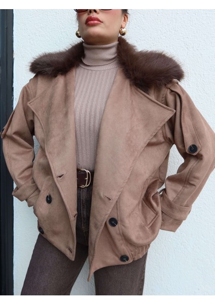 Kürk Yaka Bel Lastik Süet Ceket modelleri