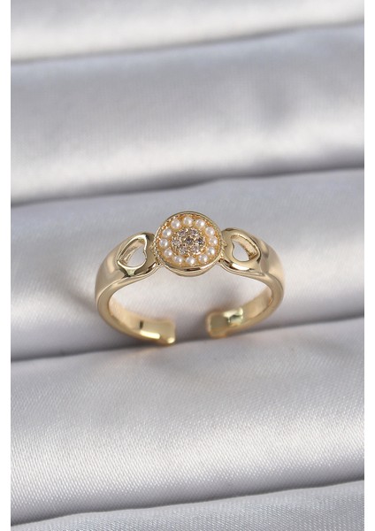 Pirinç Gold Renk Zirkon Taşlı Incili Kalp Işleme Detay Ayarlanabilir Kadın Yüzük - Lisinya