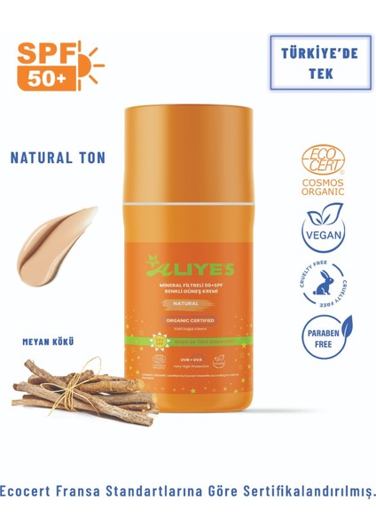 Organik 50 Spf Mineral Filtreli Renkli Güneş Koruyucu Krem - Natural Ton L Ecocert Cosmos Organik