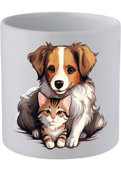 Kedi ve Köpek Baskılı Kulpsuz Kupa Bardak - Hediye Kahve Kupası, Su Bardağı
