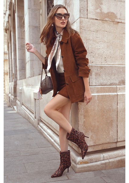 Petra Kadın Kahverengi Gömlek Yaka Oversize Süet Deri Ceket 25WGD53221B