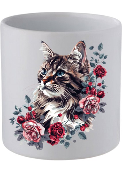 Güller Içinde Kedi Baskılı Kulpsuz Kupa Bardak - Hediye Kahve Kupası, Su Bardağı