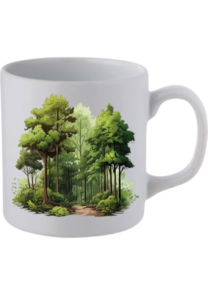 Orman Baskılı Beyaz Kupa Bardak - Seramik Çay, Kahve Hediyelik Bardağı