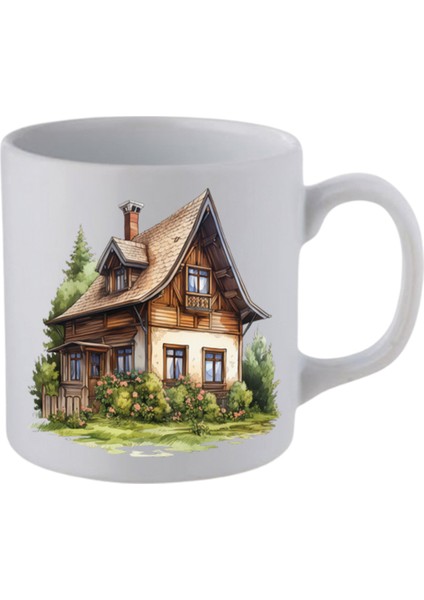 Köy Evi Baskılı Beyaz Kupa Bardak - Seramik Çay, Kahve Hediyelik Bardağı