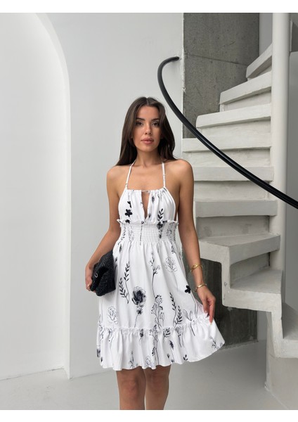 Siyah Çiçek Desenli Halter Yaka Büzgülü Mini Elbise