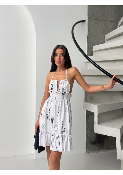 Siyah Çiçek Desenli Halter Yaka Büzgülü Mini Elbise fiyatları