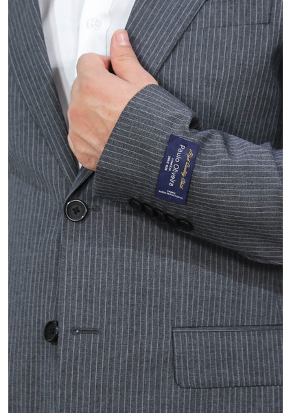 Slim Fit Mono Yaka Antrasit Çizgili Yünlü Takım Elbise modelleri