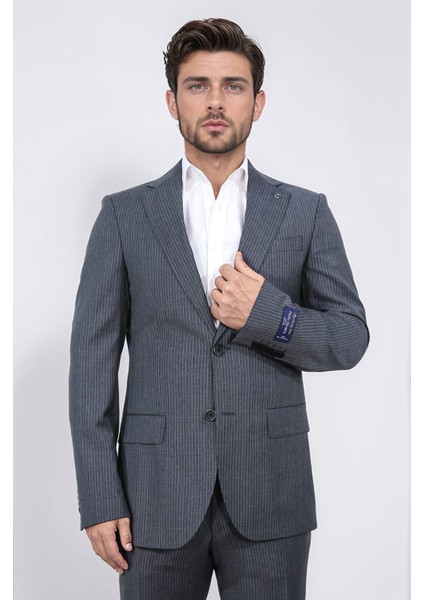 Slim Fit Mono Yaka Antrasit Çizgili Yünlü Takım Elbise fırsatları