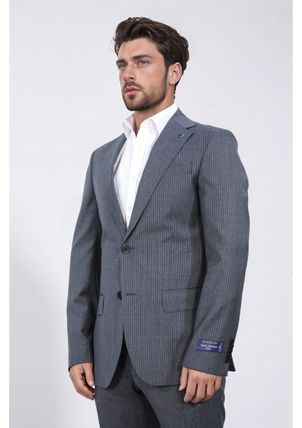 Slim Fit Mono Yaka Antrasit Çizgili Yünlü Takım Elbise indirimleri
