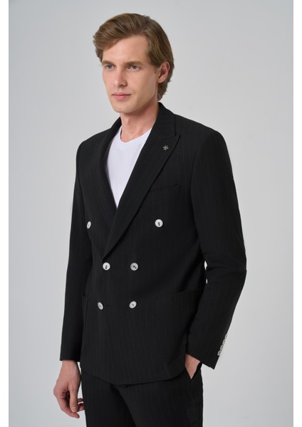 Erkek Siyah Poliviskon Trend Çizgili Slim Fit Sivri Yaka Kruvaze Takım Elbise modelleri