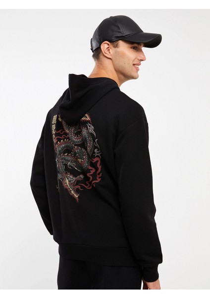 Xsıde Siyah Uzun Kollu Baskılı Erkek Hoodie