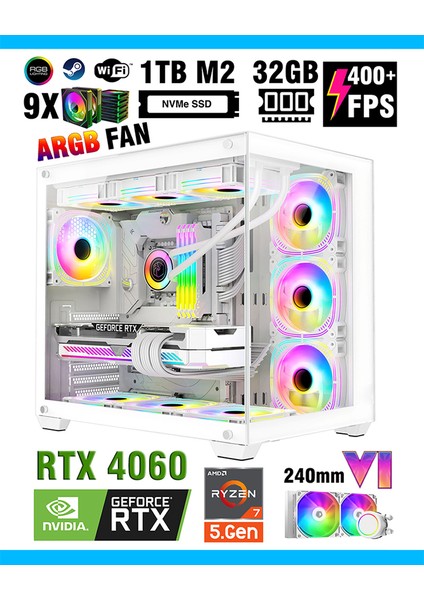 Mirage X32 Pro White Ryzen 7 5700X 32GB Ram 1tb M.2 Nvme SSD 8gb RTX4060 Sıvı Soğutmalı Oyuncu Bilgisayarı