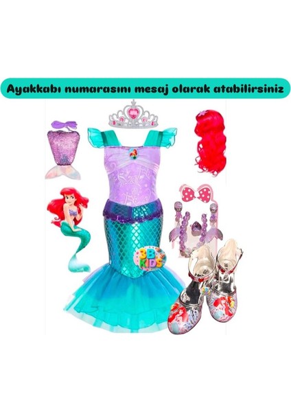 Peruklu Deniz Kızı Kostüm Seti - Topuklu Ayakkabı(Ayakkabı Numarasını Mesaj Yazınız 26-30 Arasdır)