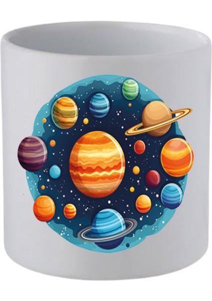 Gezegenler Iç Içe Baskılı Kulpsuz Kupa Bardak - Hediye Kahve Kupası, Su Bardağı