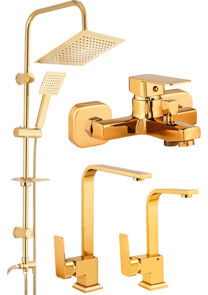 Kare Gold Mutfak Lavabo Banyo Bataryası Set Tepe Duş Seti Lüks Batarya