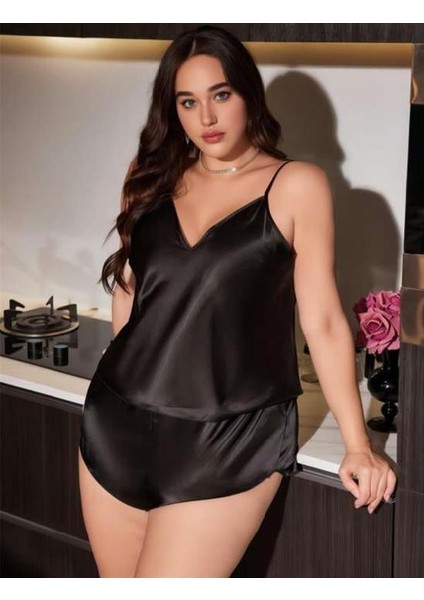Arias Closet Büyük Beden Siyah Saten Şortlu Takım