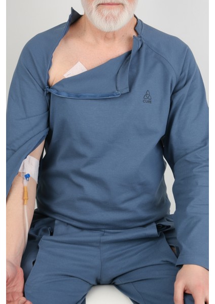 Adaptif Denim Mavi Kemoterapi Hasta Bakım ve Tedavi Kıyafeti fiyatları