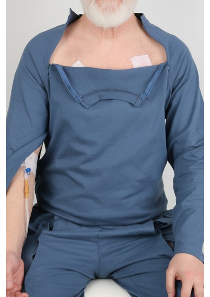 Adaptif Denim Mavi Kemoterapi Hasta Bakım ve Tedavi Kıyafeti modelleri