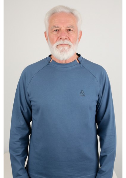 Adaptif Denim Mavi Kemoterapi Hasta Bakım ve Tedavi Kıyafeti